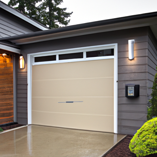 Suburban Bellevue home exterior with garage door and visible smart keypad and Wi‑Fi module, overcast daylight.