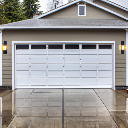 Modern suburban garage door with weather seals and wet driveway under overcast Bellevue, WA sky.