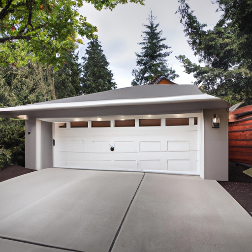Modern sectional garage door partially open on a Bellevue home with PNW landscaping and overcast sky.