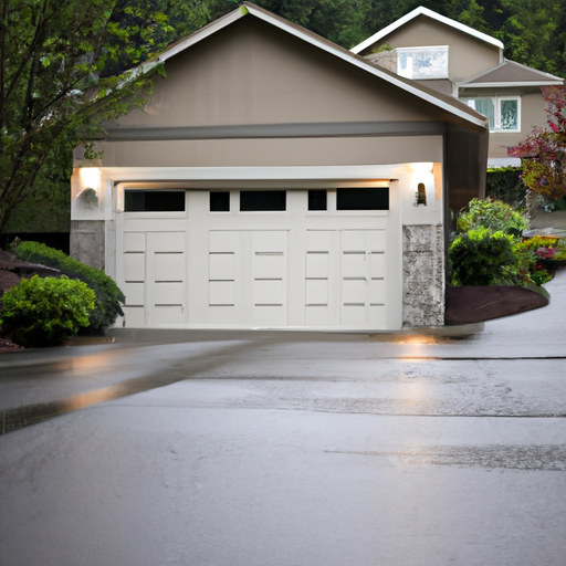 Modern Bellevue house with closed sectional garage door on wet morning street, overcast sky, no people.