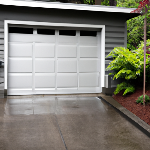 Sectional residential garage door in Bellevue, WA with visible bottom seal and wet driveway under overcast sky.