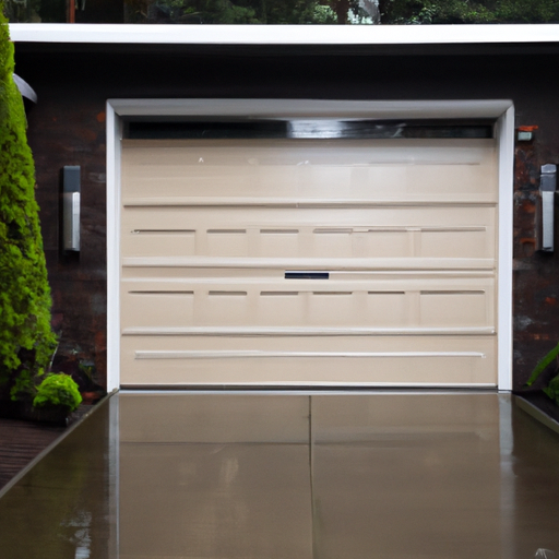 Wide view of a modern residential garage door on a wet overcast day in Bellevue, WA