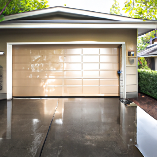 Suburban Bellevue garage exterior with modern garage door and visible opener elements, wet pavement, mid-morning light.
