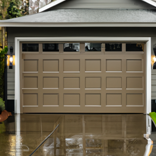 Residential garage door in Bellevue, WA on an overcast wet day showing panels, hardware, and weatherstripping.
