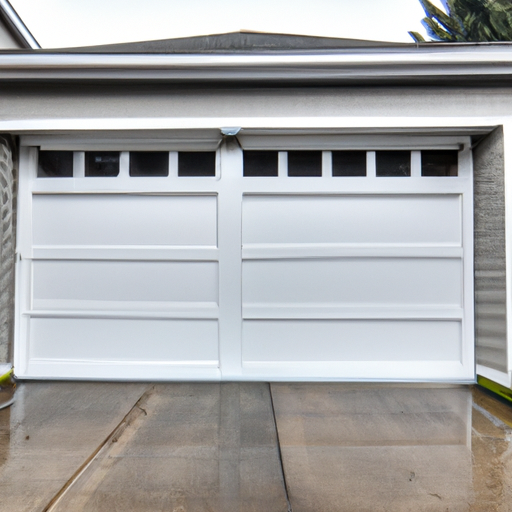 Closed modern residential garage door on a wet Bellevue street with overcast sky and evergreen backdrop