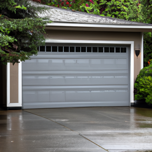 Closed suburban garage door in Bellevue, WA on a damp overcast day, showing panels and hardware.