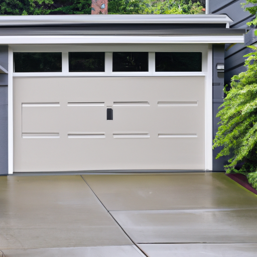 Residential garage door on a wet, overcast day in Bellevue with visible weatherstripping and landscaping.