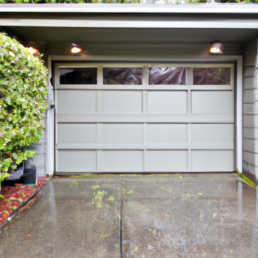 Bellevue residential garage with a weather-sealed sectional door on an overcast day and damp driveway visible.