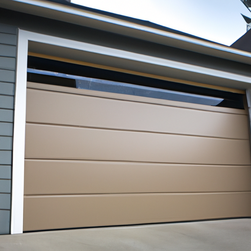 Exterior view of a newly replaced insulated steel garage door on a Bellevue house, wet pavement and cedar trim visible.