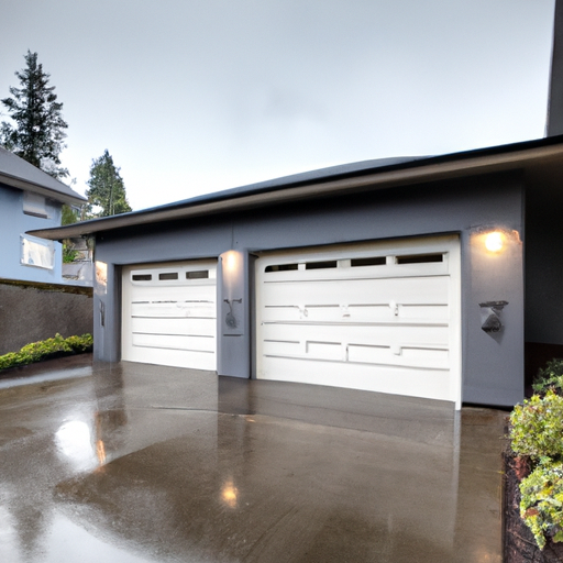 Bellevue suburban garage with a modern sectional door, visible seals and opener rail under overcast light.