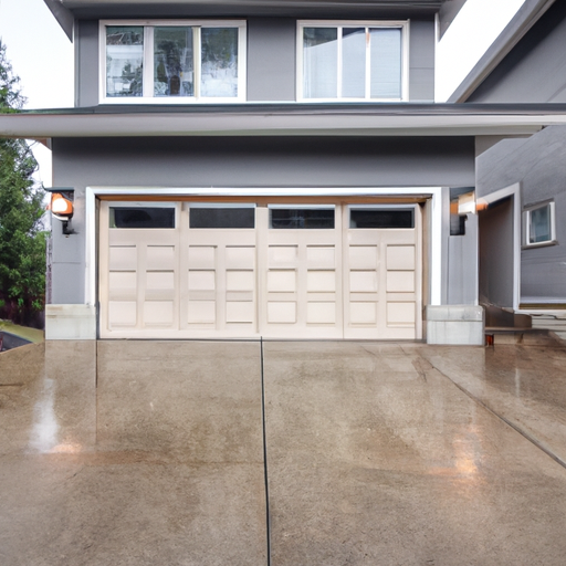 Suburban Bellevue garage with sectional door partially open on a wet driveway under overcast sky