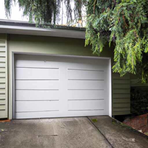 Suburban Bellevue garage with closed sectional door, damp driveway and evergreen trees under overcast sky.