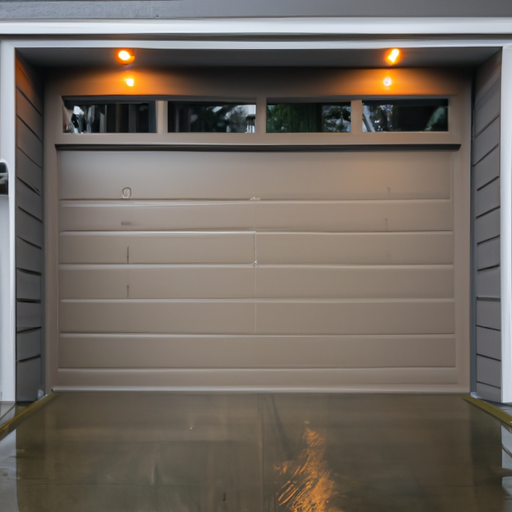 Contemporary Bellevue garage exterior with visible smart garage control panel and wet driveway under overcast Pacific Northwest light.