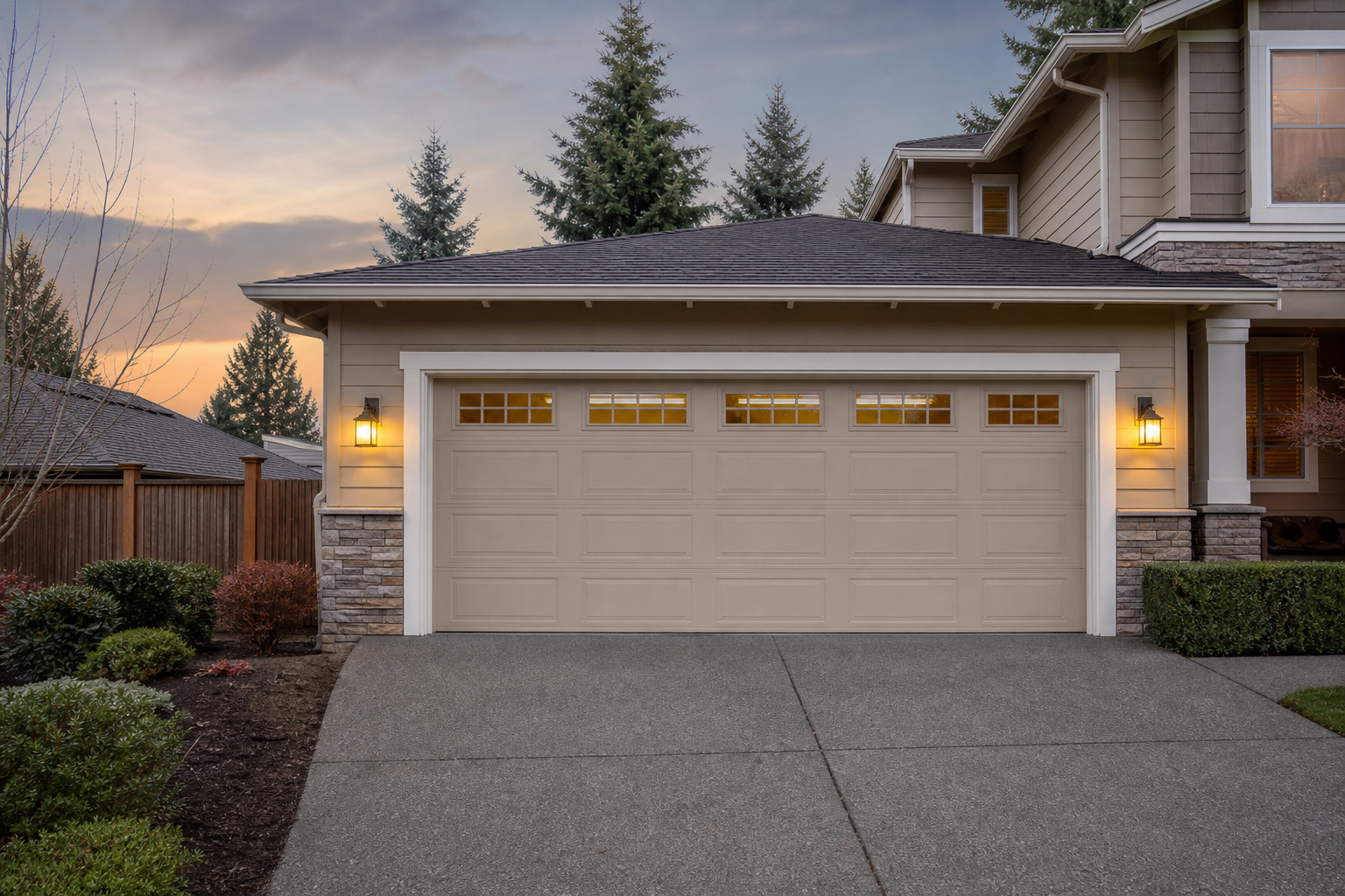Bellevue home exterior with a closed garage door in soft evening light