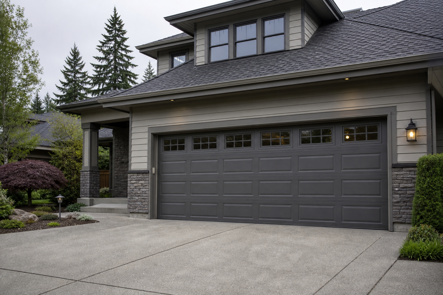 Bellevue home exterior with a closed garage door on a quiet overcast day